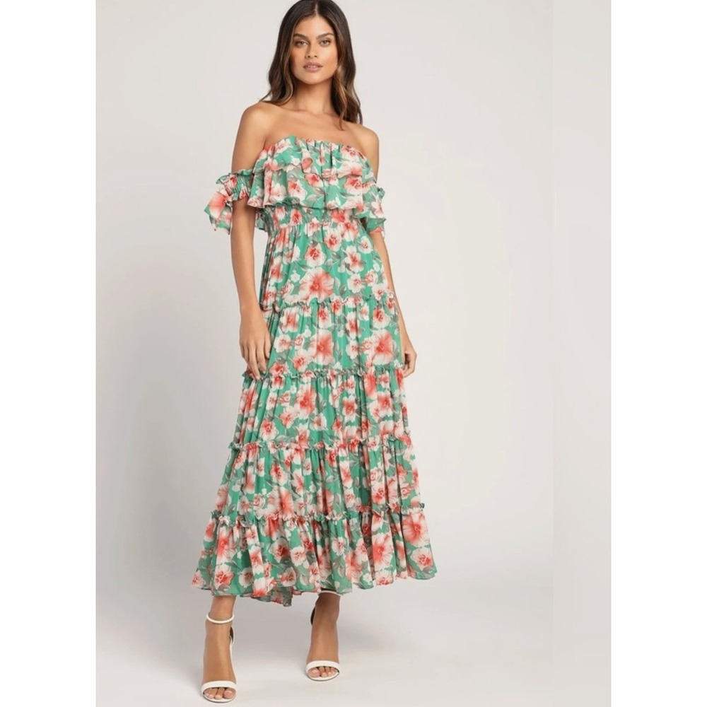 Lulus Chance For Us Maxi Dress Womens Large Green Floral Off Shoulder Ruffle
